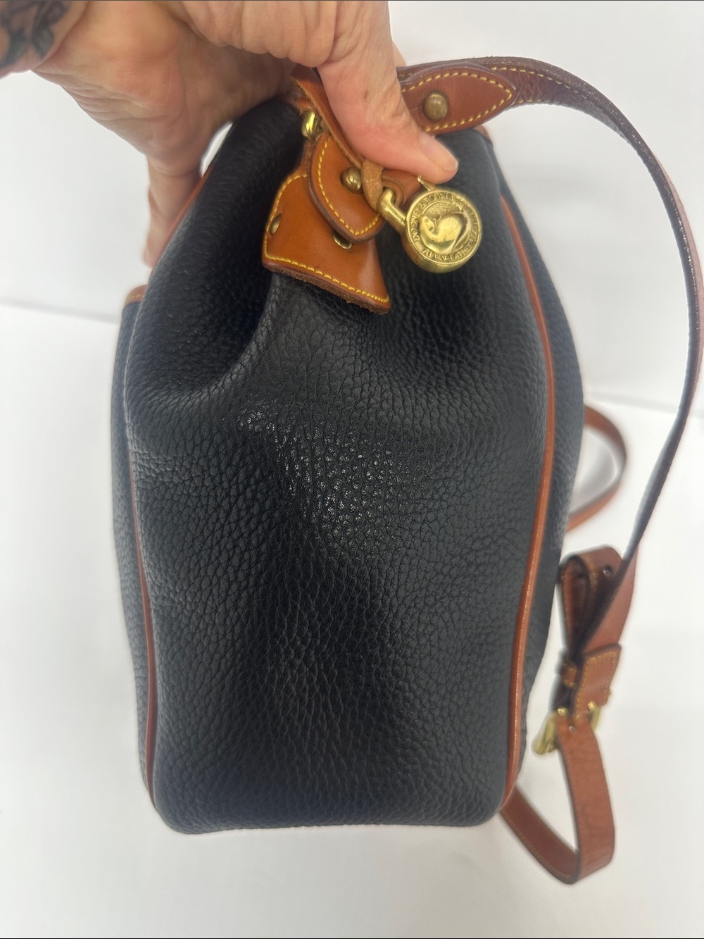 Dooney & Bourke Black Pebbled Leather Drawstring Bucket Bag with Tan Trim - Picture 4 of 13